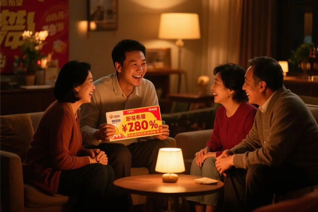 中奖者与家人微笑交流,温馨场面